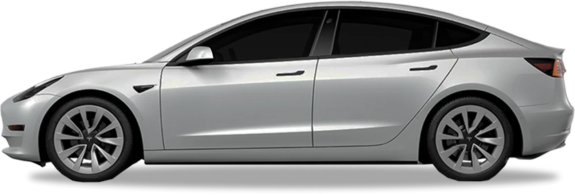 Side view of a silver Tesla Model 3 with tinted windows and aerodynamic design, shown on a transparent background.