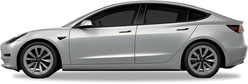 Silver Tesla Model 3 shown from the passenger side with sleek styling and dark tinted windows on a transparent background.