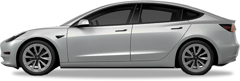 Silver Tesla Model 3 viewed from the passenger side, featuring dark tinted windows and aerodynamic styling on a transparent background.