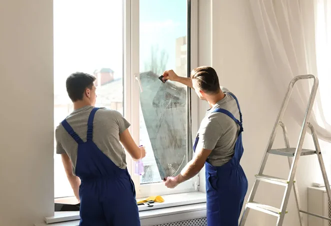 Two workers in blue overalls installing a window film on a tall residential window, with tools and a step ladder nearby, as sunlight filters into the room.