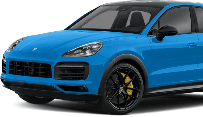 Bright blue Porsche SUV with black accents, yellow brake calipers, and tinted windows, shown from the front side angle.