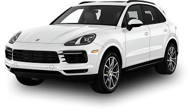 White Porsche SUV with tinted windows and black trim, shown from a front side angle on a transparent background.