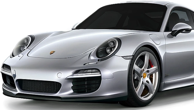 Silver Porsche 911 with dark tinted windows, red brake calipers, and sleek aerodynamic design, viewed from the front side angle.