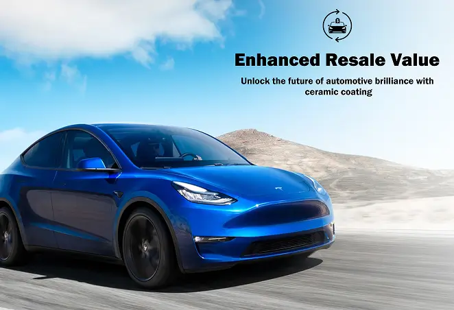 Blue Tesla Model Y driving through a desert landscape, promoting enhanced resale value through ceramic coating, with text highlighting long-term automotive brilliance.