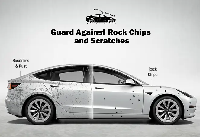 Side view of a white Tesla Model 3 with the left half covered in visible scratches and rust, and the right half marked with rock chips, illustrating how protective film guards against exterior damage.
