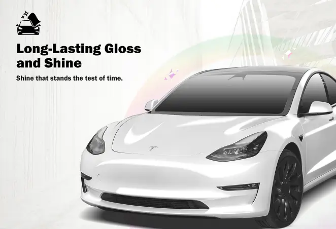 White Tesla Model 3 with a high-gloss finish and tinted windows, shown under soft lighting with sparkles to emphasize its long-lasting shine.