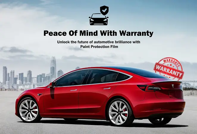 Rear side view of a red Tesla Model 3 parked against a city skyline, with a warranty badge and text promoting peace of mind through paint protection film coverage.