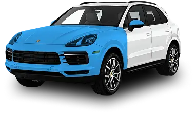 White Porsche SUV with a blue overlay covering the entire front and partial side panels, representing extended paint protection film coverage.