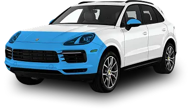 White Porsche SUV with blue overlay on the front bumper, hood, mirrors, and fenders, illustrating partial paint protection film coverage areas.