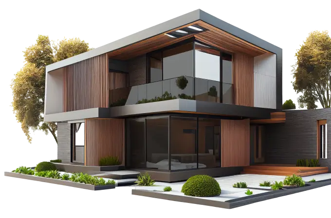 Modern two-story home with floor-to-ceiling tinted windows, wood and dark panel exterior, and landscaped greenery surrounding the property.