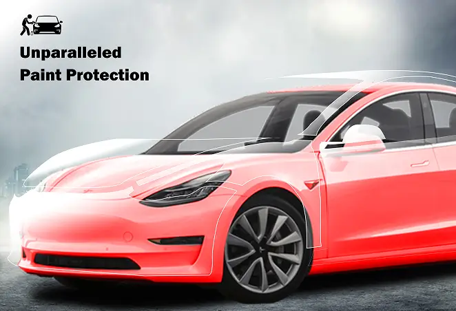 White Tesla Model 3 with a red overlay effect highlighting areas covered by paint protection film, illustrating comprehensive exterior coverage.