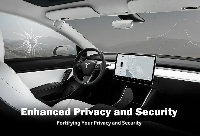 Interior of a Tesla featuring a central touchscreen display and white leather seats, with cracked windows and stormy conditions outside, promoting window tinting for enhanced privacy and security.