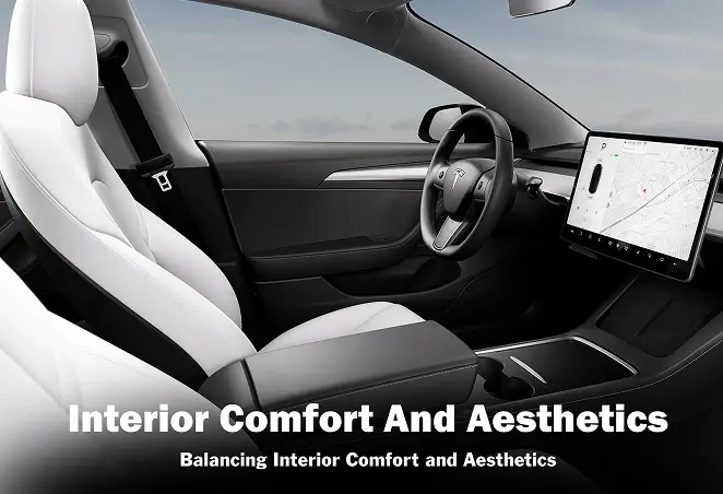 Interior view of a Tesla with white leather seats and tinted windows, showcasing a clean, modern design and promoting the balance of interior comfort and aesthetics.