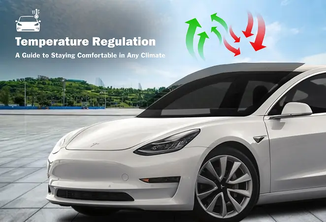 White Tesla Model 3 with tinted windows, overlaid with green and red arrows representing temperature regulation, promoting window tinting benefits for climate control.