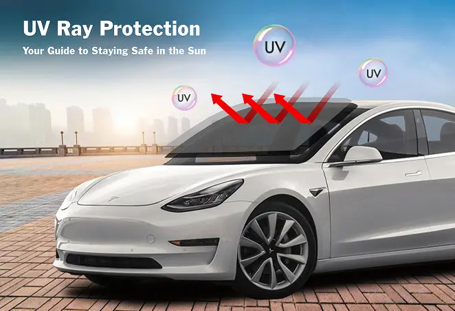 White Tesla Model 3 with UV bubbles and red arrows illustrating ultraviolet rays being deflected from the windshield, highlighting the benefits of window tint for UV protection.