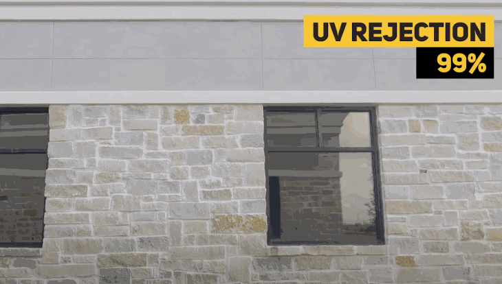 A home exterior with dark tinted windows shows the text "UV REJECTION 99%" in the top right corner. The graphic highlights UV protection from residential window tint.