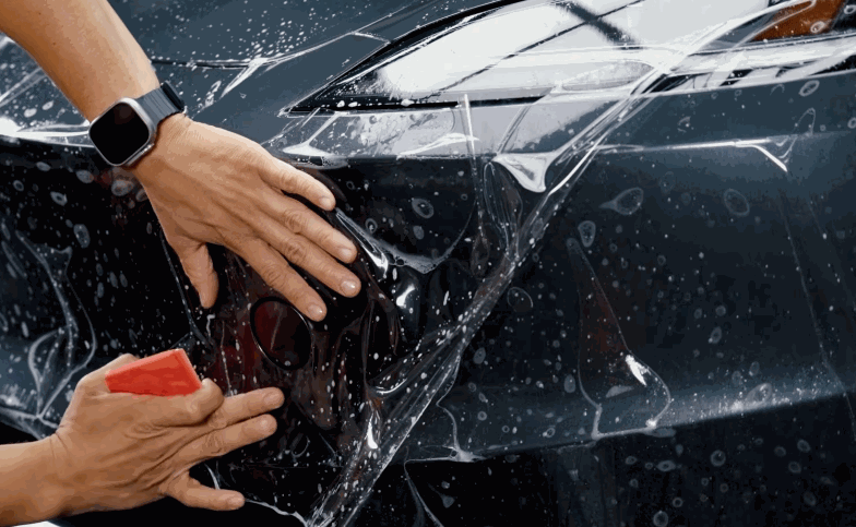 Hands smooth paint protection film over the front fender and headlight area of a black vehicle with a red squeegee.